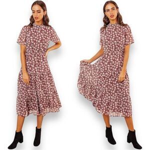 Bohme Tessa Floral Midi Dress Large L Women’s Wine High Neck Tiered Chiffon Red